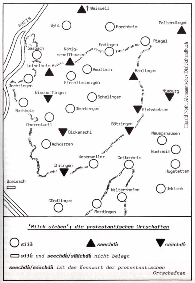 Karte "Milch sieben" im Dialekt; die protestantischen Ortschaften