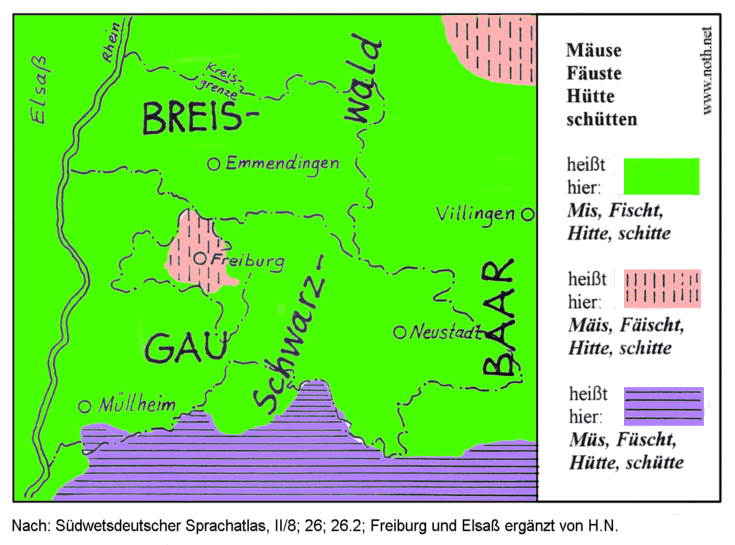 Karte: Lautgeografie von Mäuse, Fäuste, Hütte, schütten im Breisgau 